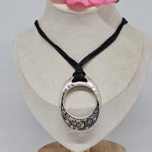 Brighton Eclipse Black Corded Silver Plated Oval Filigree Pendant Necklace
